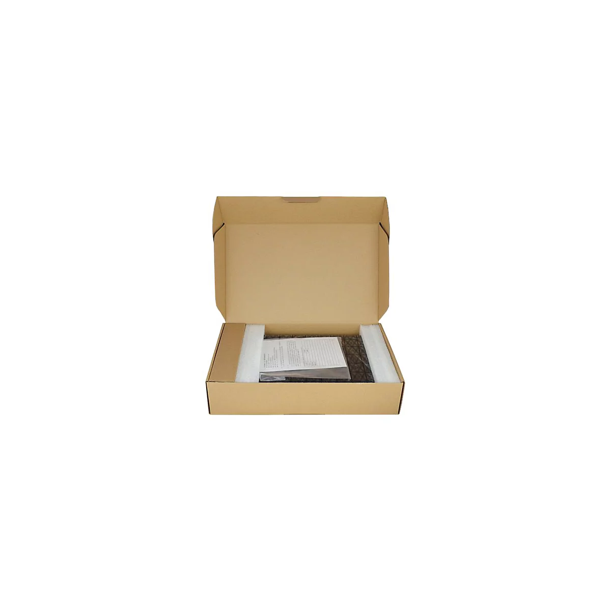 GeÃ¶ffnete braune Pappschachtel, Inhalt mit Schaumstoff und Papieren verpackt.