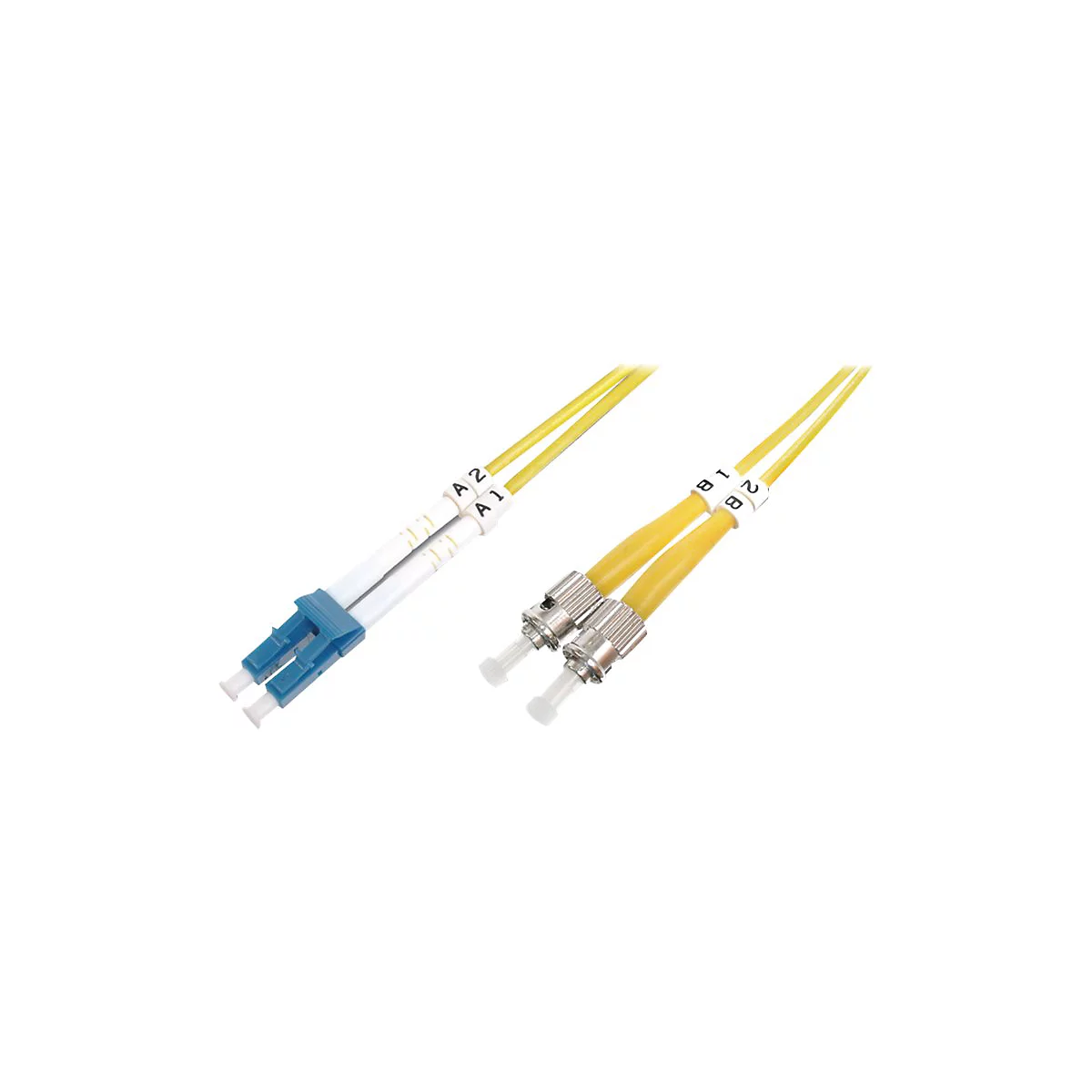 Zwei gelbe Glasfaserkabel mit blauen und metallischen Steckern, mit Beschriftung A1, A2, B1, B2.