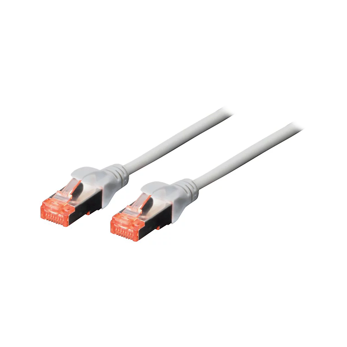 Zwei graue Ethernet-Kabel, die nebeneinander liegen. Die Stecker haben orangefarbene Anschlüsse und eine graue Kunststoffhülle.