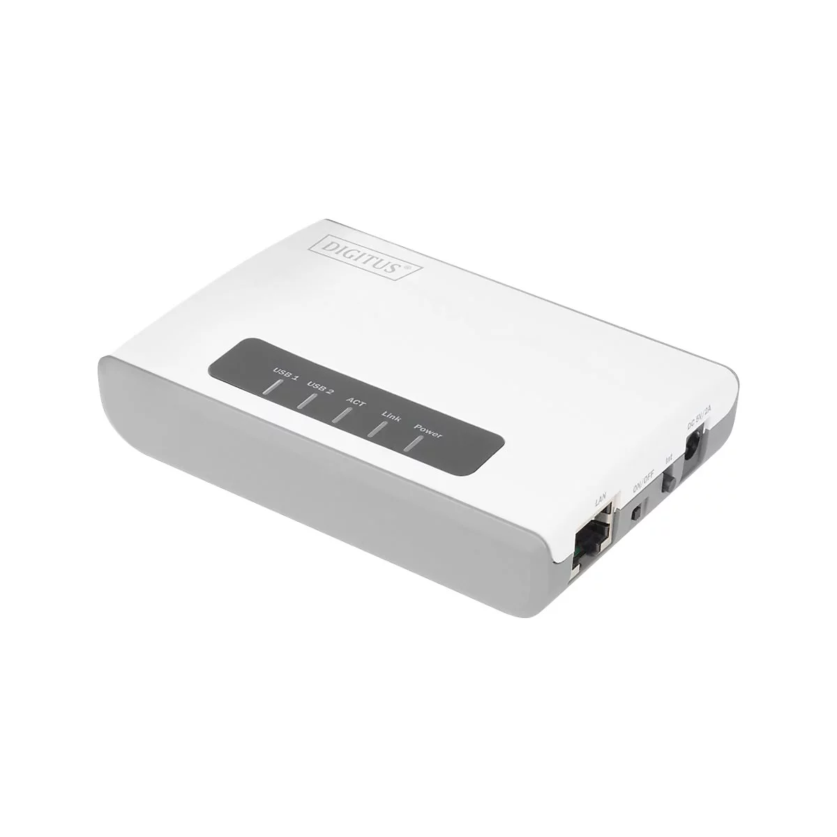 Weiß-grauer Netzwerkadapter mit Beschriftungen wie „USB 1“, „USB 2“ und „DIGITUS“.