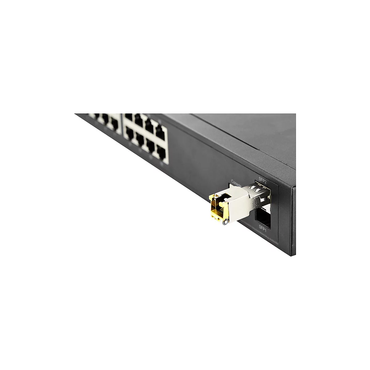 Ein Netzwerk Switch mit einer eingesteckten Netzwerkverbindung. Die Netzwerkverbindung wird in einem metallenen Stecker angezeigt, der in den Switch eingesteckt ist.