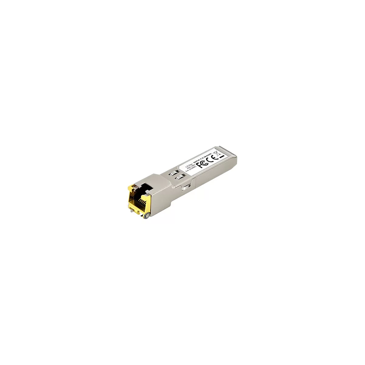 Ein grauer SFP-Transceiver mit goldfarbenem RJ45-Anschluss. Er ist mit DIGITUS, FC CE und anderen Informationen beschriftet.