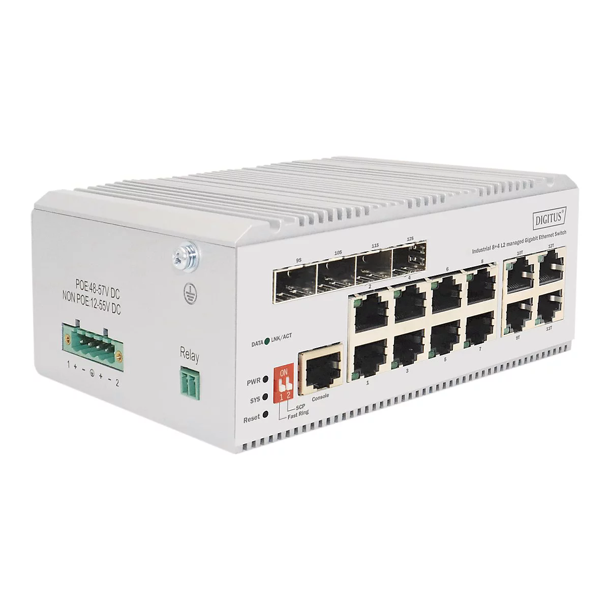DIGITUS - Switch - industriell, L2 - managed - 8 x 10/100/1000 (PoE+) + 4 x Combo Gigabit Ethernet/Gigabit SFP - an DIN-Schiene montierbar