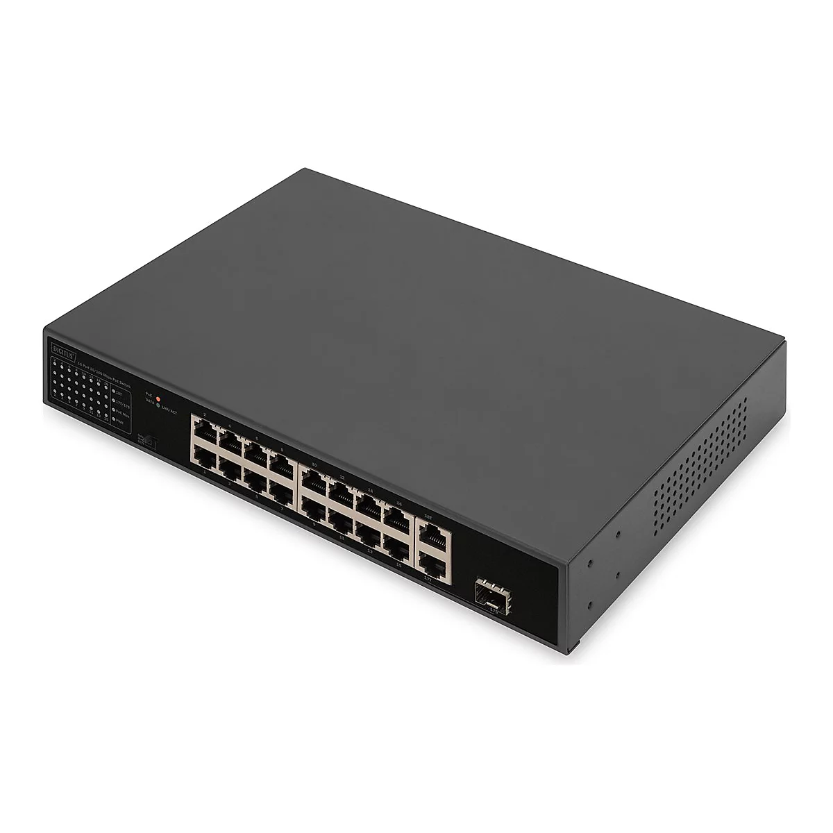 DIGITUS - Switch - unmanaged - 16 x 10/100 (PoE) + 1 x 10/100/1000 (Uplink) + 1 x 10/100/1000/SFP - an Rack montierbar - PoE (185 W)