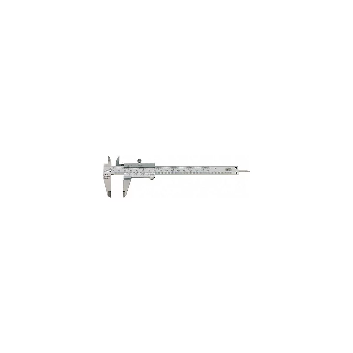 A silver vernier caliper, lying on a white background. Scale and measuring legs are clearly visible.