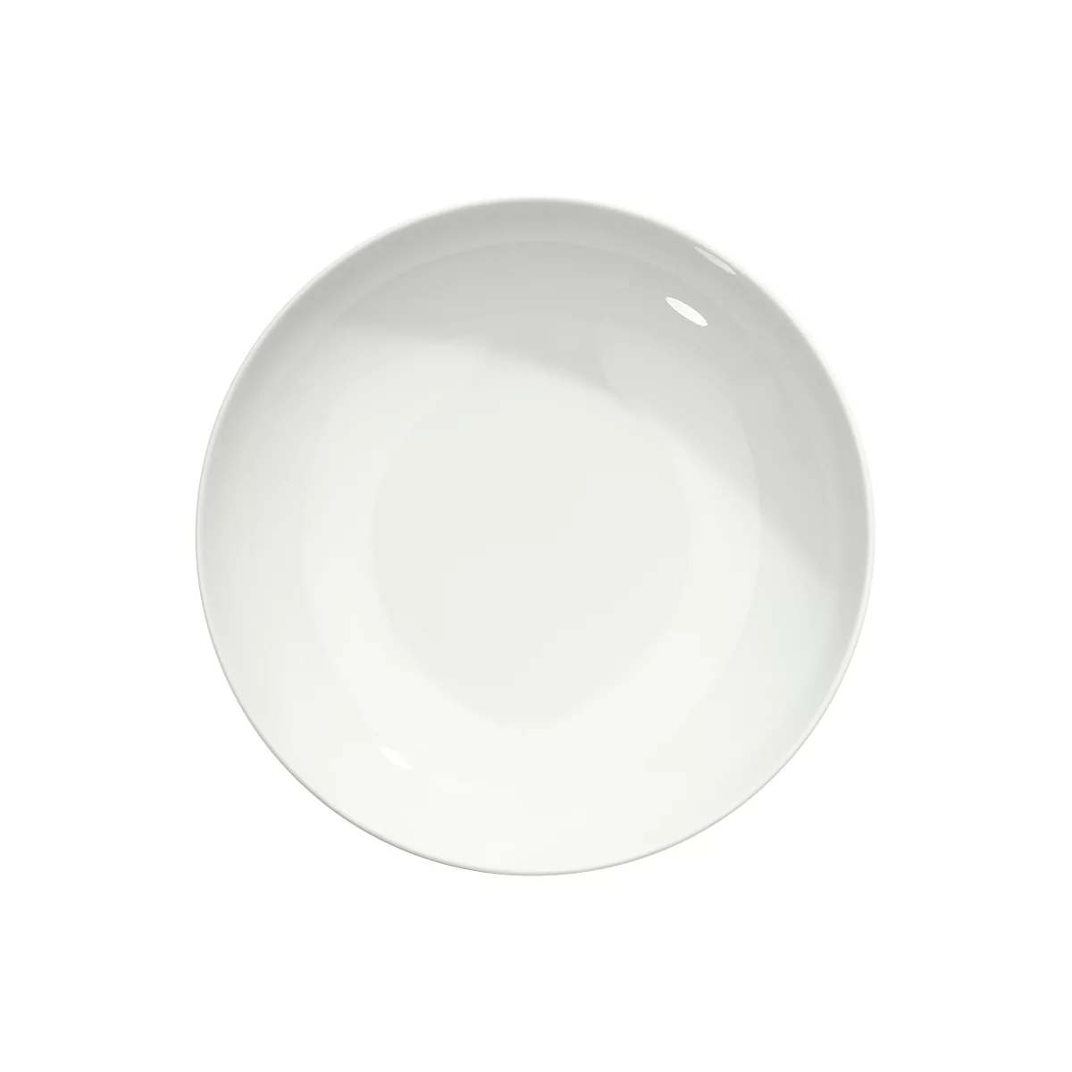 A white, round deep bowl, shiny, without pattern.