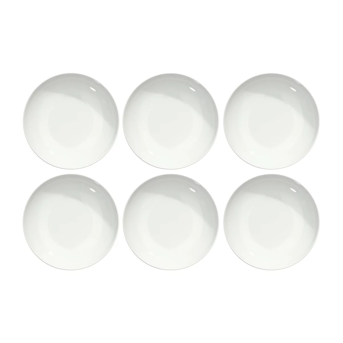 Six white, round plates arranged side by side.