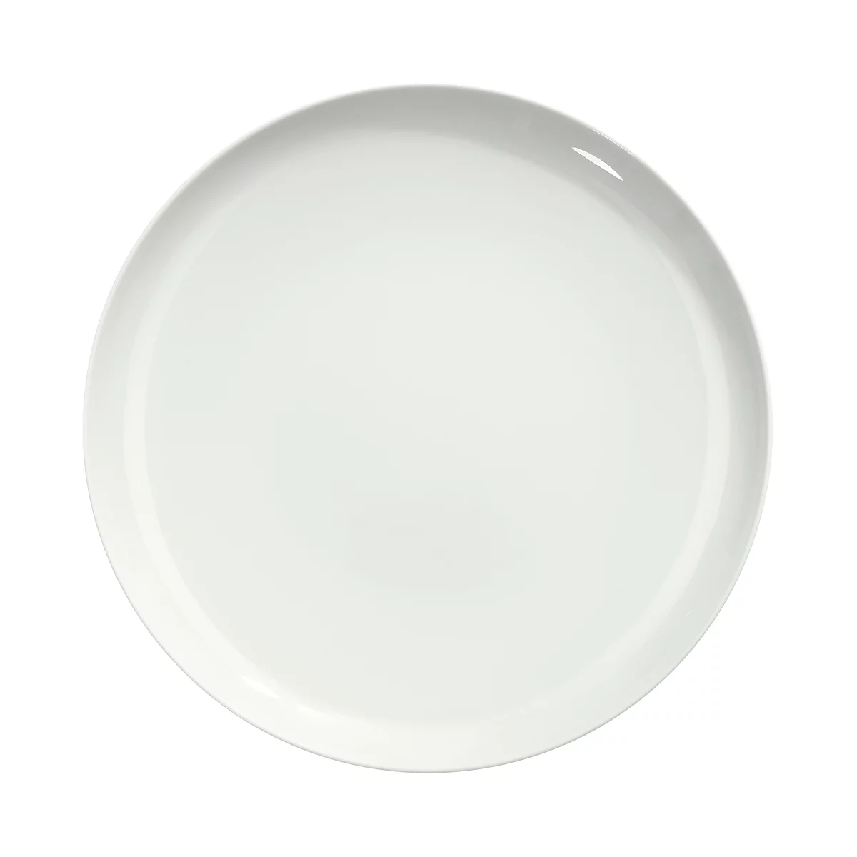 White, round plate. Smooth surface and slightly raised edge.