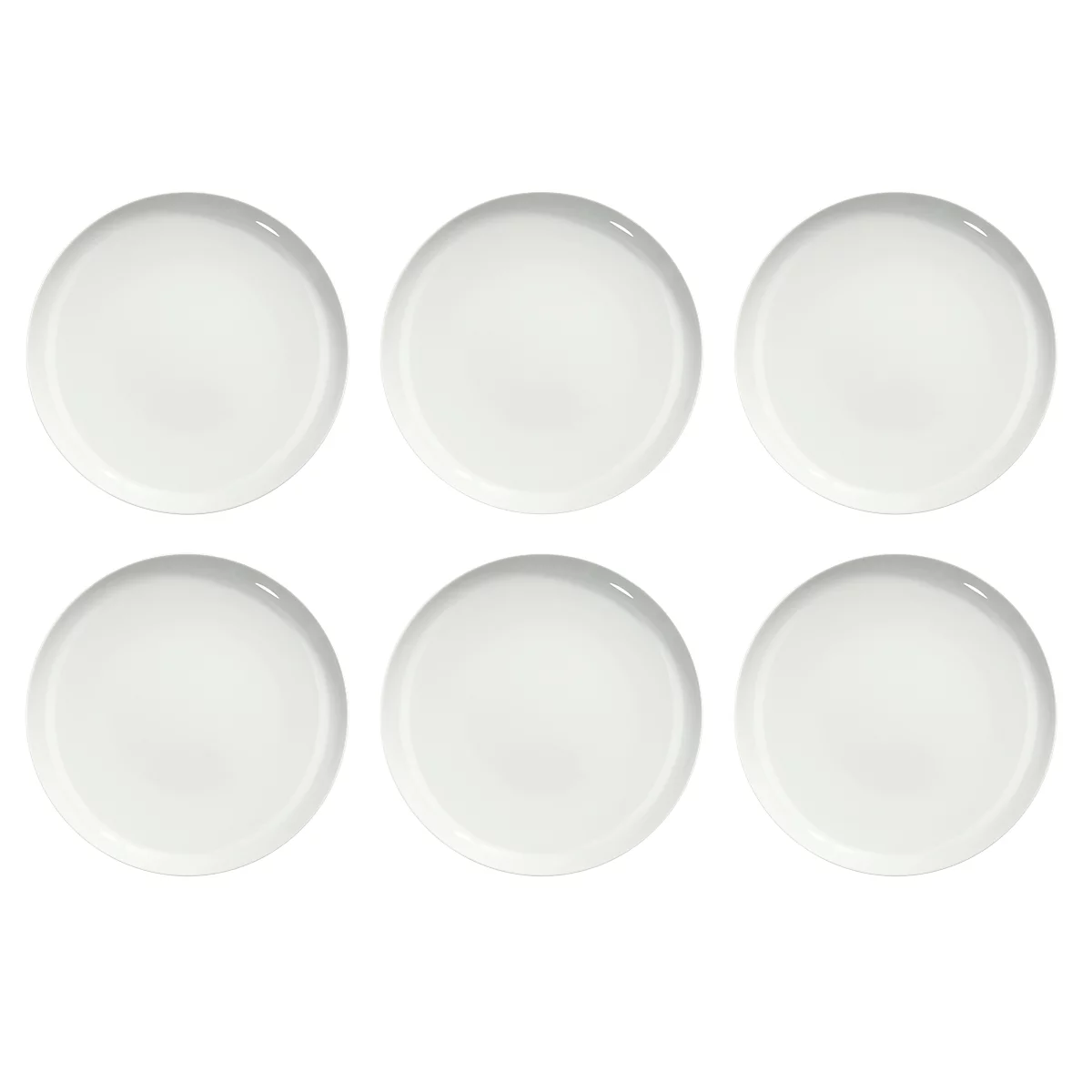 Six round, white plates, all the same size and arranged in two rows.