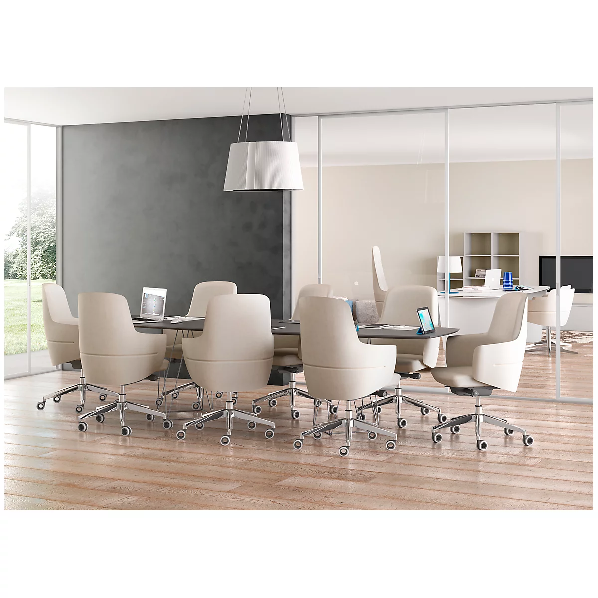 Directiestoel met halfhoge rugleuning OPERA, met armleuningen, synchroonmechanisme, vlakke comfortzitting, stof, lichtbeige