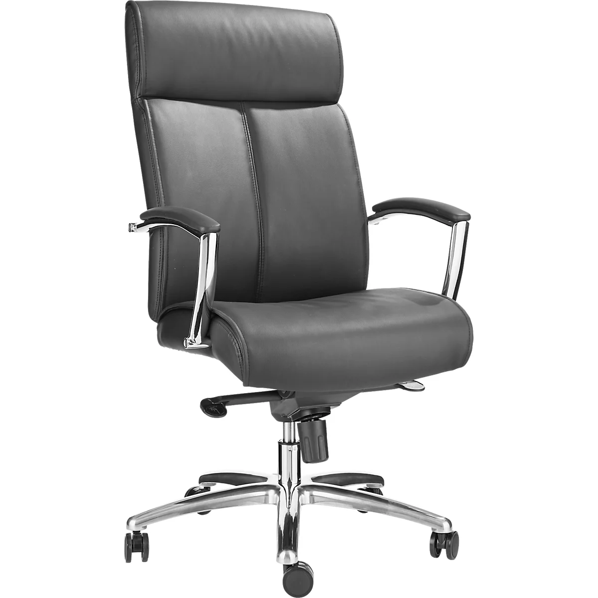 Zwarte bureaustoel, leer, chroom, wielen, hoge rug.