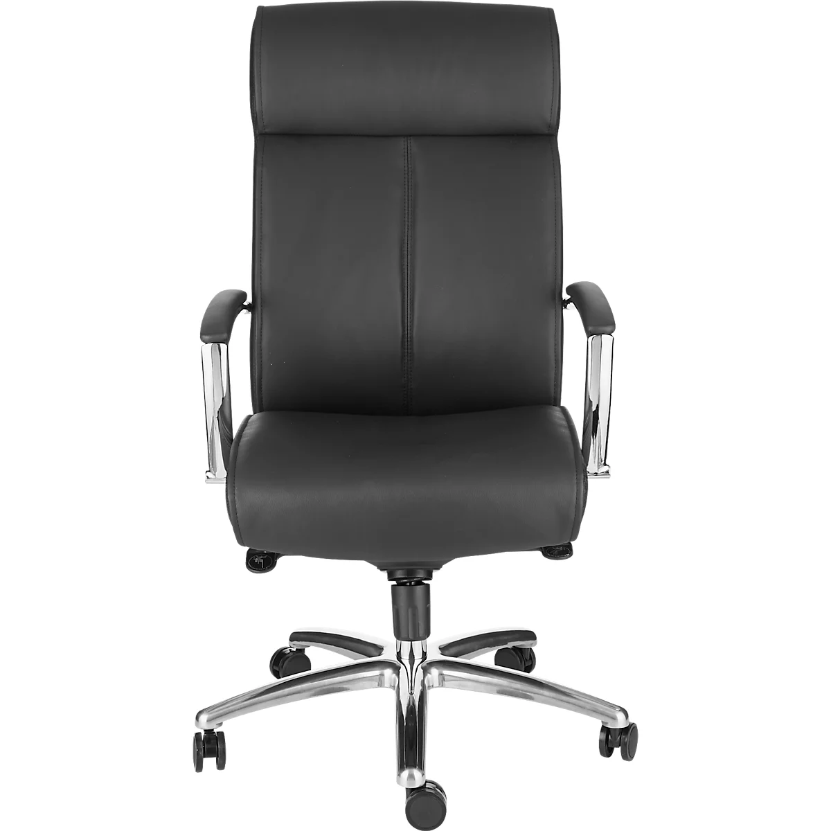 Zwarte bureaustoel met hoge rugleuning en zilveren armleuningen en frame, tegen een witte achtergrond.