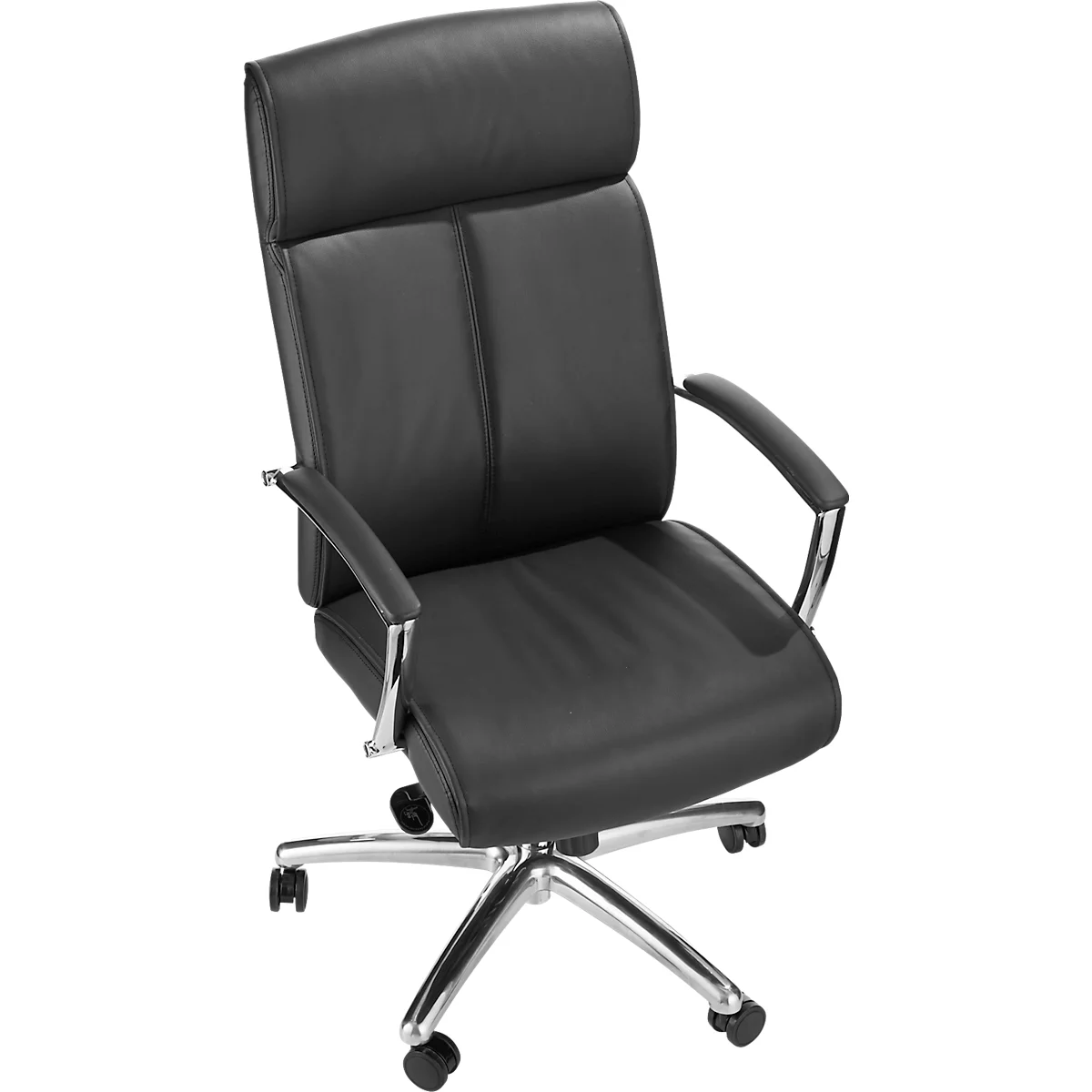 Zwarte leren bureaustoel, met hoge rugleuning en chromen frame.