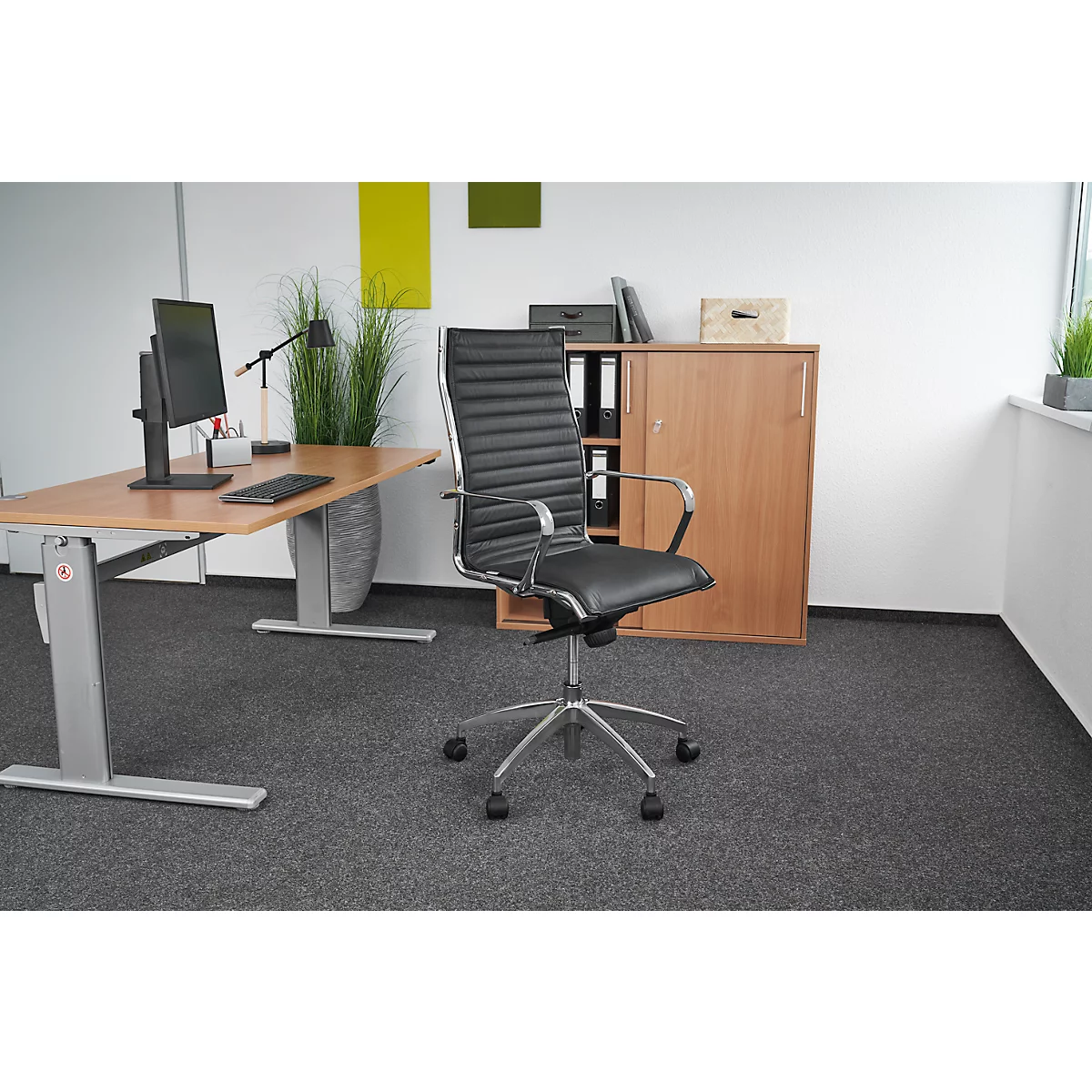 Directiestoel VANDA, hoge rugleuning, leer, met armleuningen, zwart