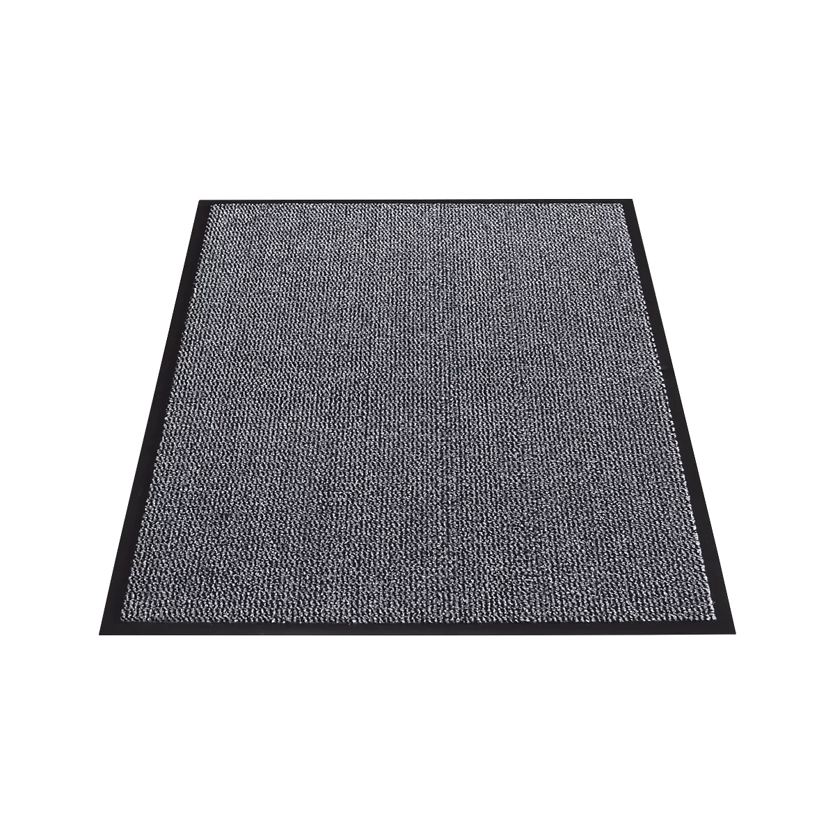 Gray doormat with a black border, photographed slightly diagonally from above.