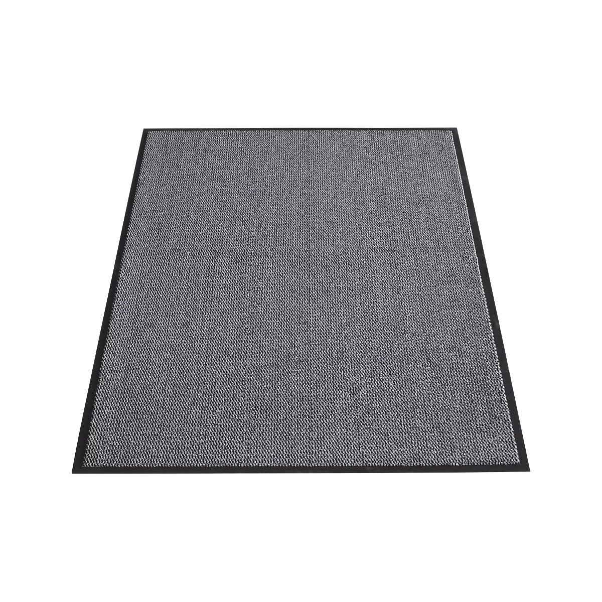 Gray doormat with black border on white background.