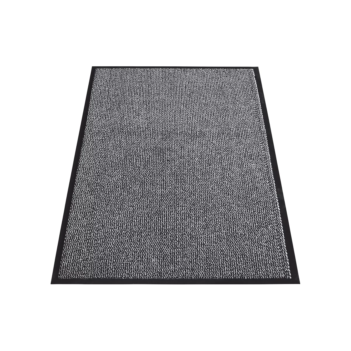 Grey doormat with black border. The surface is made of dense fabric.