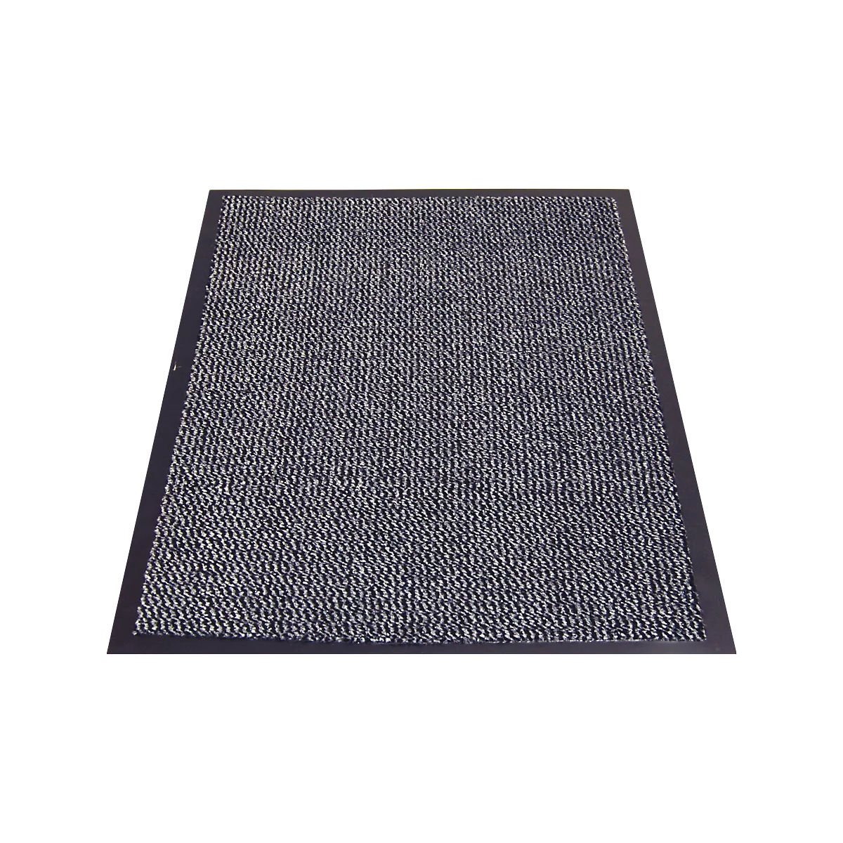 Grey doormat with a black border, viewed from above. Rough, uneven pattern.