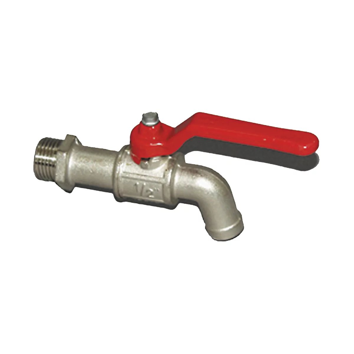 A metal faucet with a red lever and the inscription 1/2.