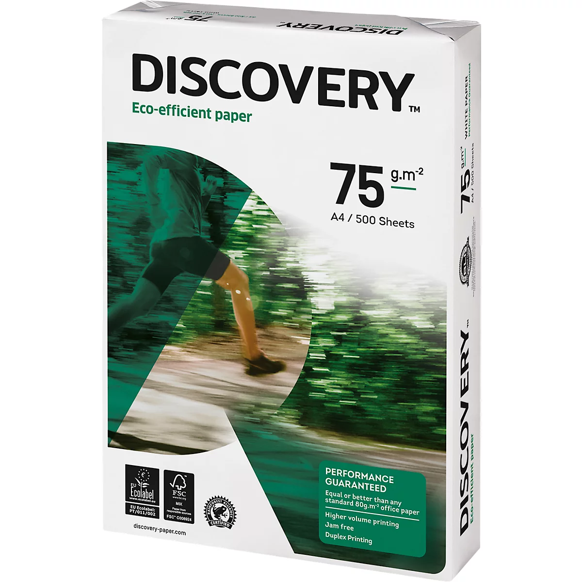 Een pak "Discovery" papier, 75 g/m², A4/500 vellen. De afbeelding toont een hardloper, logo's en tekst.