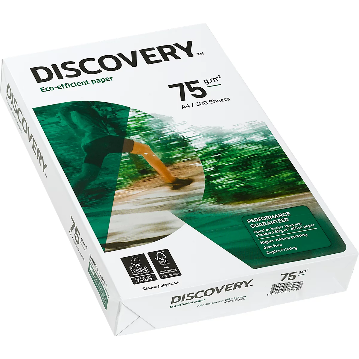 Witte papieren doos met de tekst "DISCOVERY". Opdrukken: 75 g/m², A4/500 vellen, Eco-efficiënt papier en logo's.