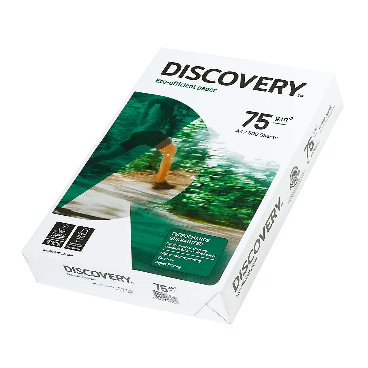 Een stapel wit papier met een groene opdruk en het opschrift "DISCOVERY". Opdruk met landschapsontwerp.