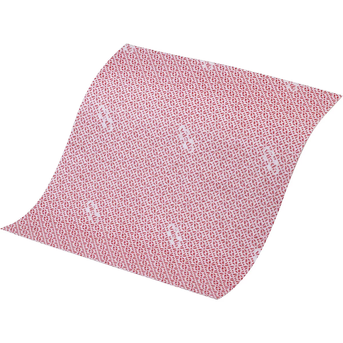 A red sheet with a white pattern and letters. It is slightly curved and against a white background.