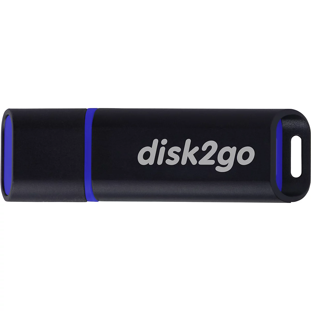 Clé USB noire avec une bande bleue et le texte disk2go.
