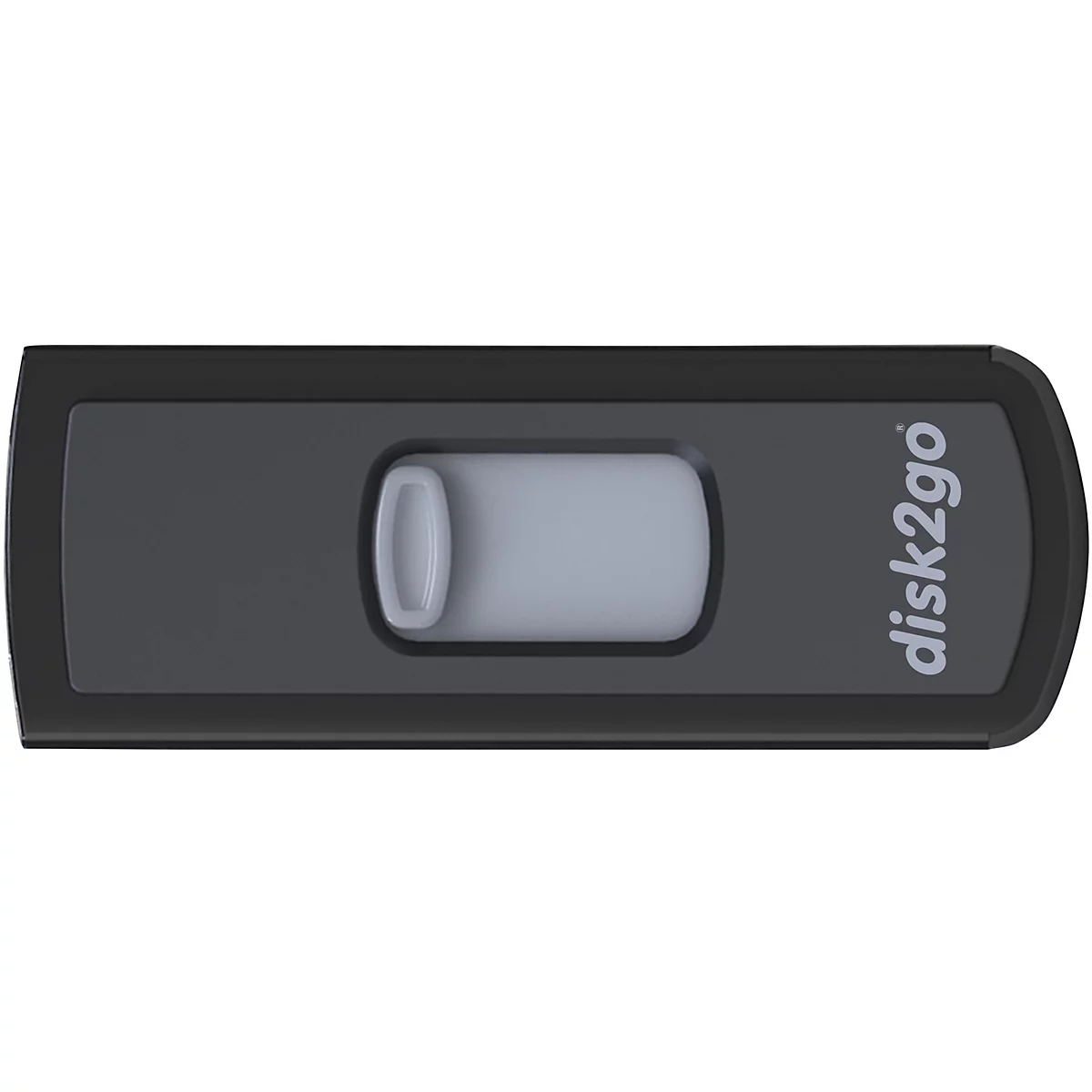 Vue de dessus d'une clé USB noire avec un curseur gris. Le texte "disk2go" est imprimé en blanc.