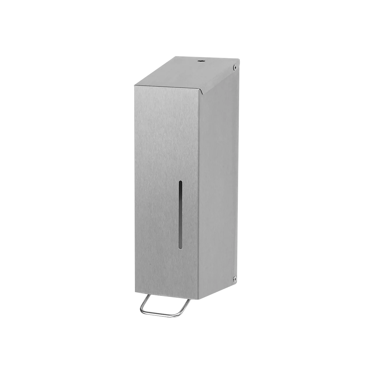 Dispensador de jabón de acero inoxidable con ventana y soporte. Gris, angular, montado en la pared. Pequeña mancha gris en la parte superior.