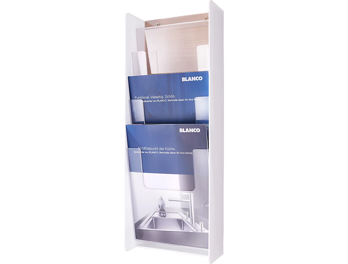 Dispensador de pared de 3 compartimentos para folletos DIN A4, blanco