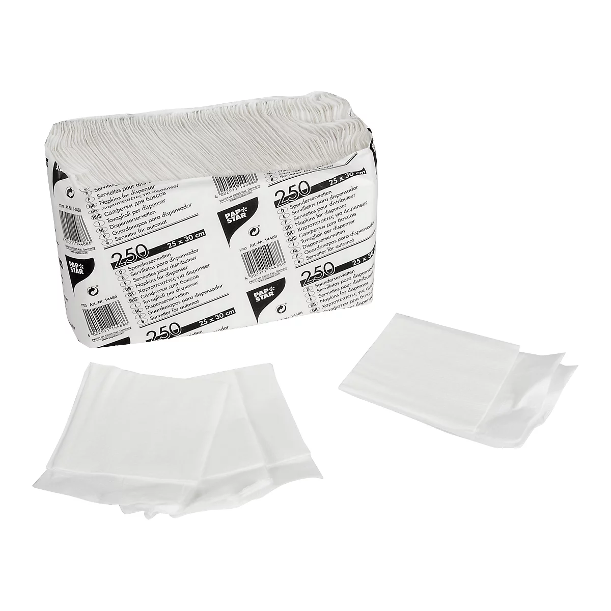A pack of paper napkins and loose napkins. The packaging is white, printed with text and barcodes. The napkins are white.
