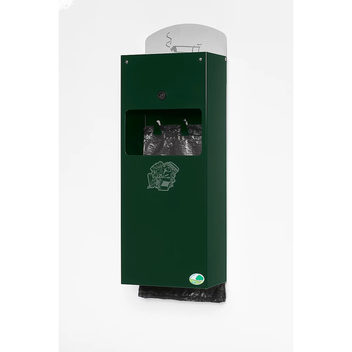Donkergroene hondenpoepzakjesdispenser aan witte muur. Met logo en zakopening.