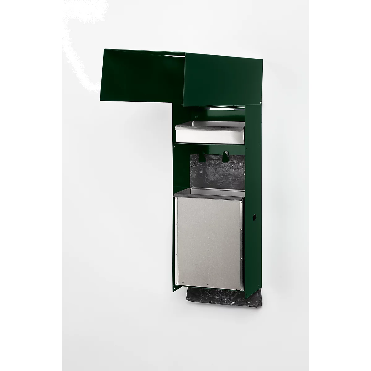 Groene wandafvalbak met deksel, compartiment en onderste container. Zwarte zak onderaan.