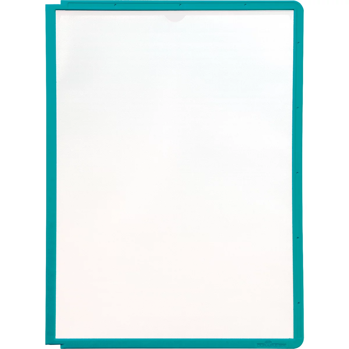 A white sheet of paper in a teal frame. A recess in the middle at the top.