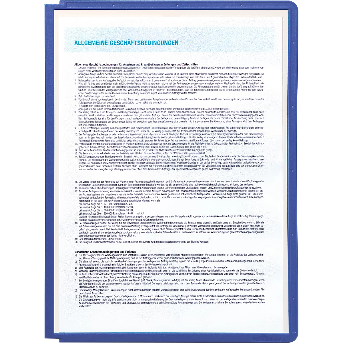 Blue folder with white paper, text: General Terms and Conditions.
