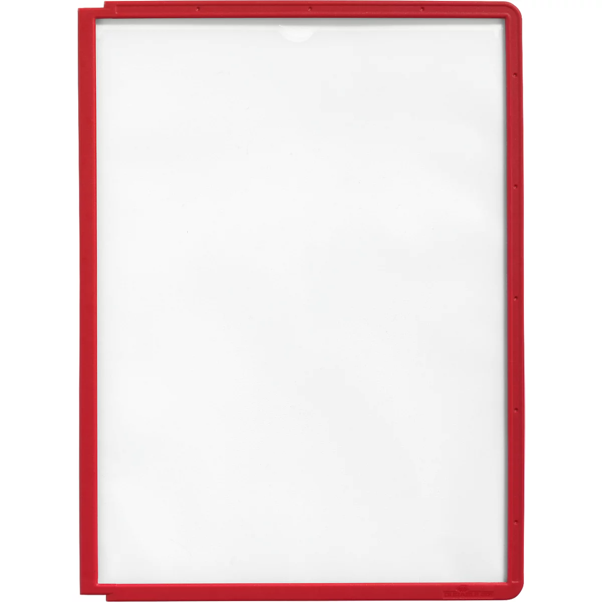 Red frame with white paper. The frame has a pocket at the top.