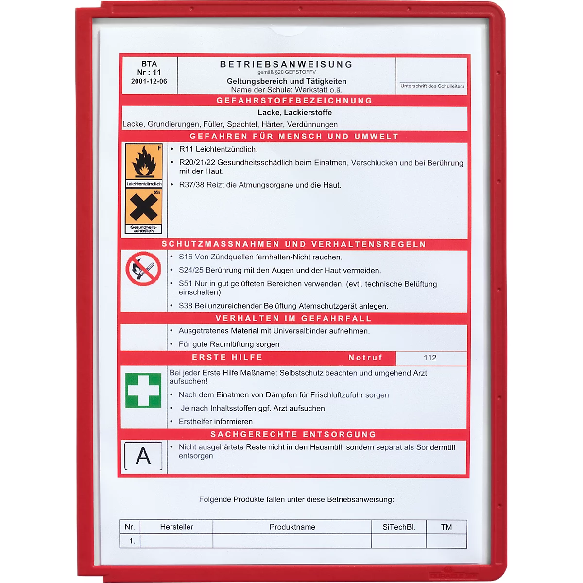 Red document holder with operating instructions. Text with hazard warnings, protective measures and first aid. Symbols such as flame, crossed bones and first aid cross.