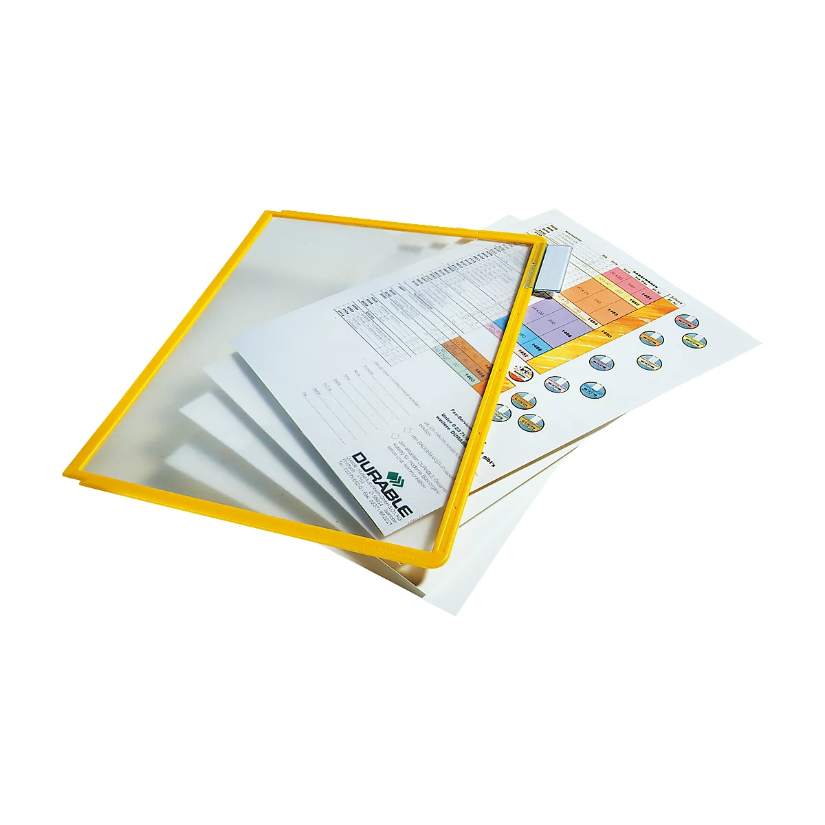 Yellow frame encasing sheets, with more sheets of charts and text underneath.