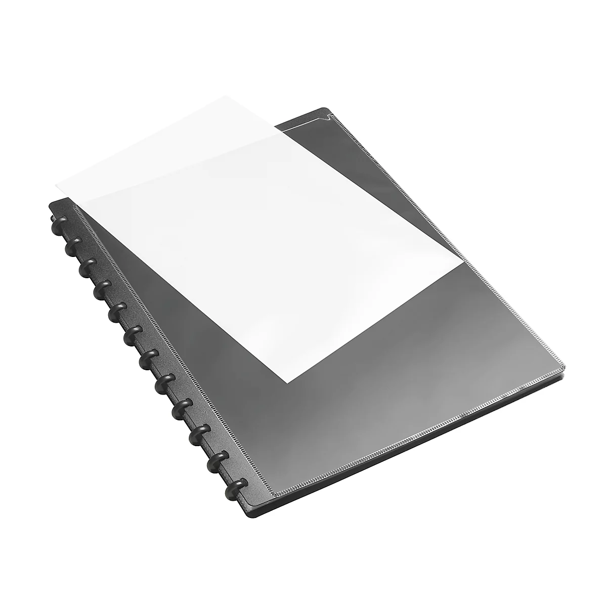 Gray binder with spiral binding, on which two white sheets lie.