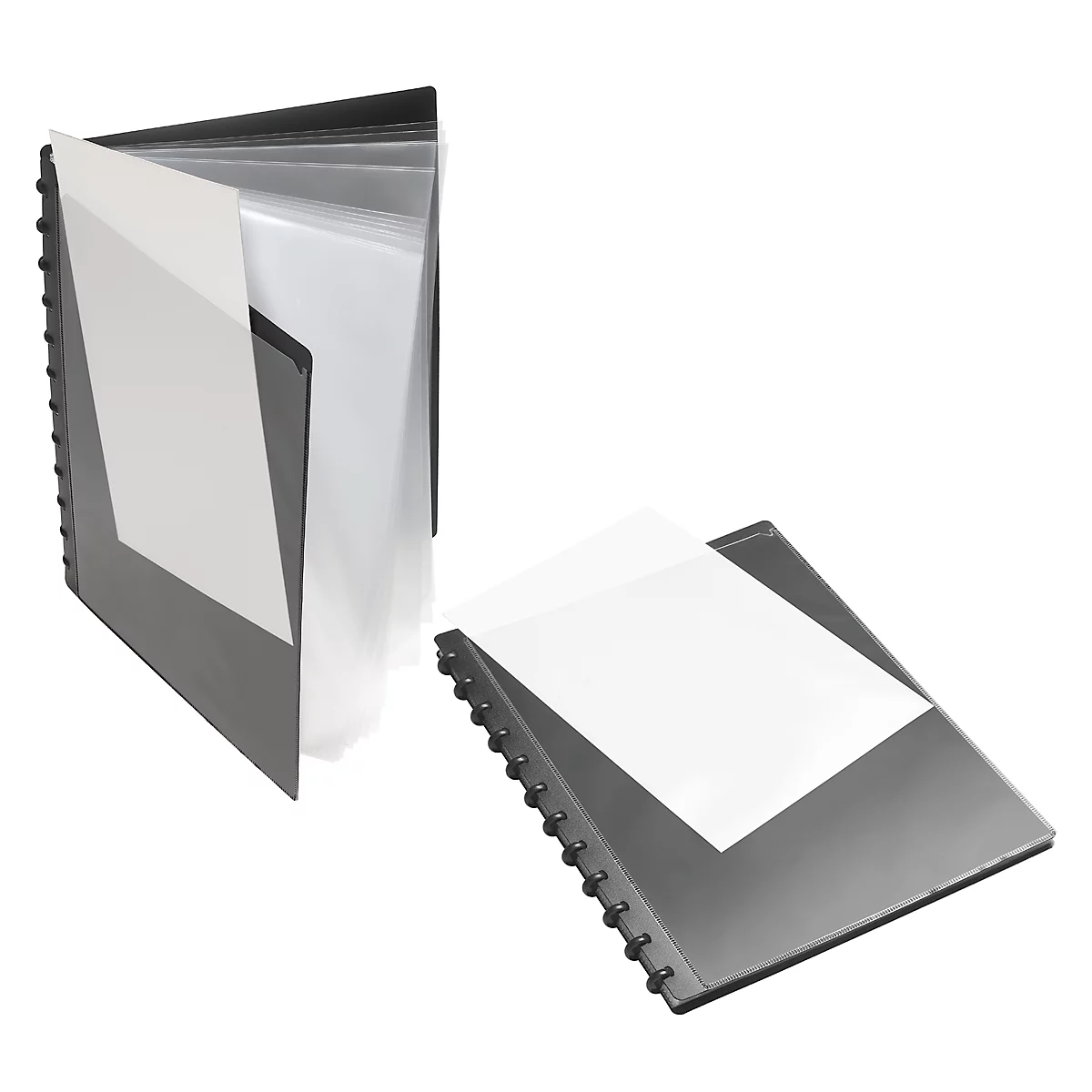 Black document folder, open with white paper. Next to it a second folder closed.