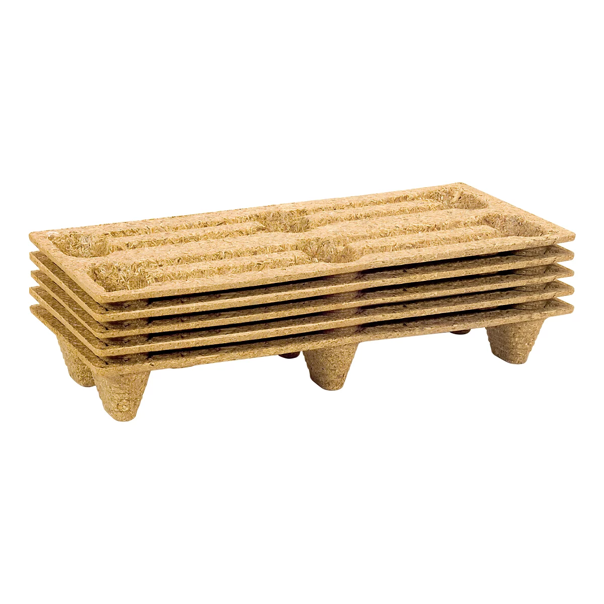 A stack of light brown pallets. Each pallet has several recesses and stands on feet.