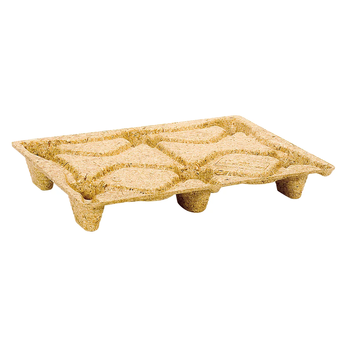 A pallet made of pressed wood, in a 3/4 angle in front of a neutral background.