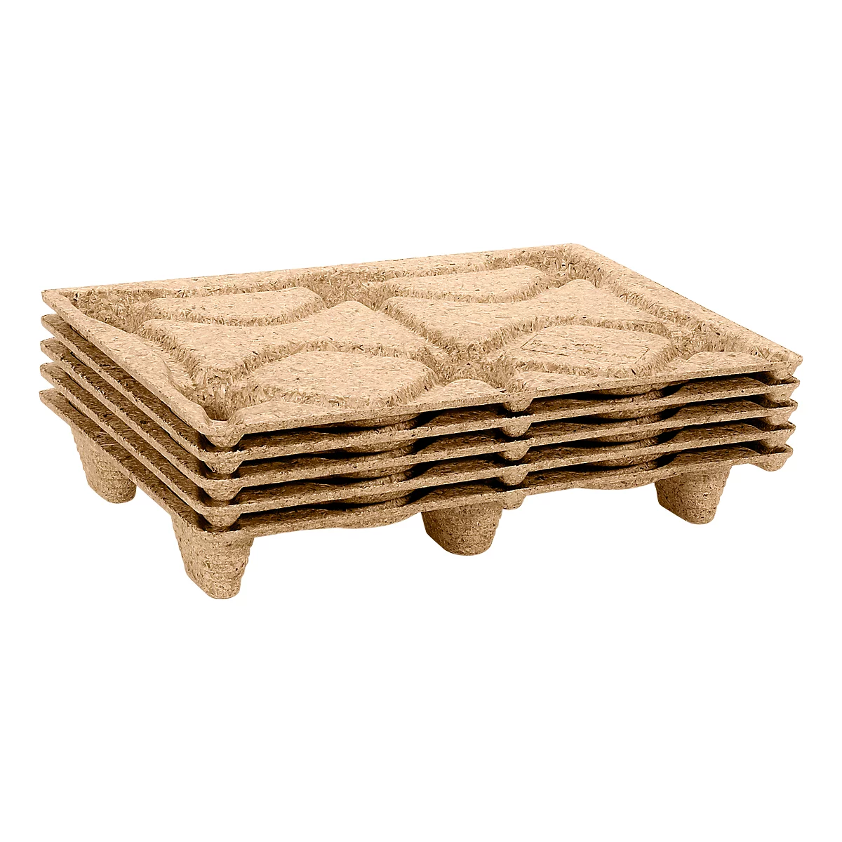 Stacked pallets made of brown, textured material, with recesses for receiving goods.