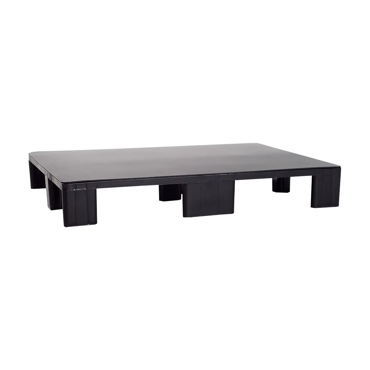 Black table on low legs, rectangular and modern.