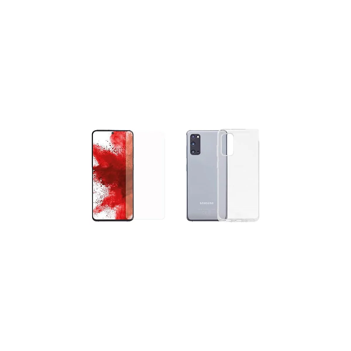 Smartphone et coque de protection. L'écran affiche une explosion de couleurs rouges. A côté, un film de protection transparent.