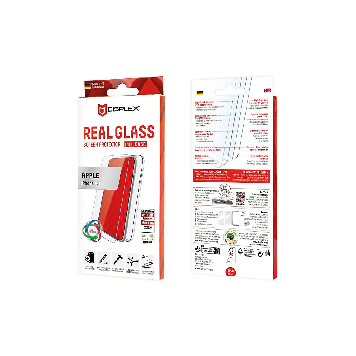 Un emballage de produit pour un protecteur d'écran en verre, avec une image d'un iPhone et d'une coque de protection transparente. L'emballage affiche des logos et des caractéristiques du produit.