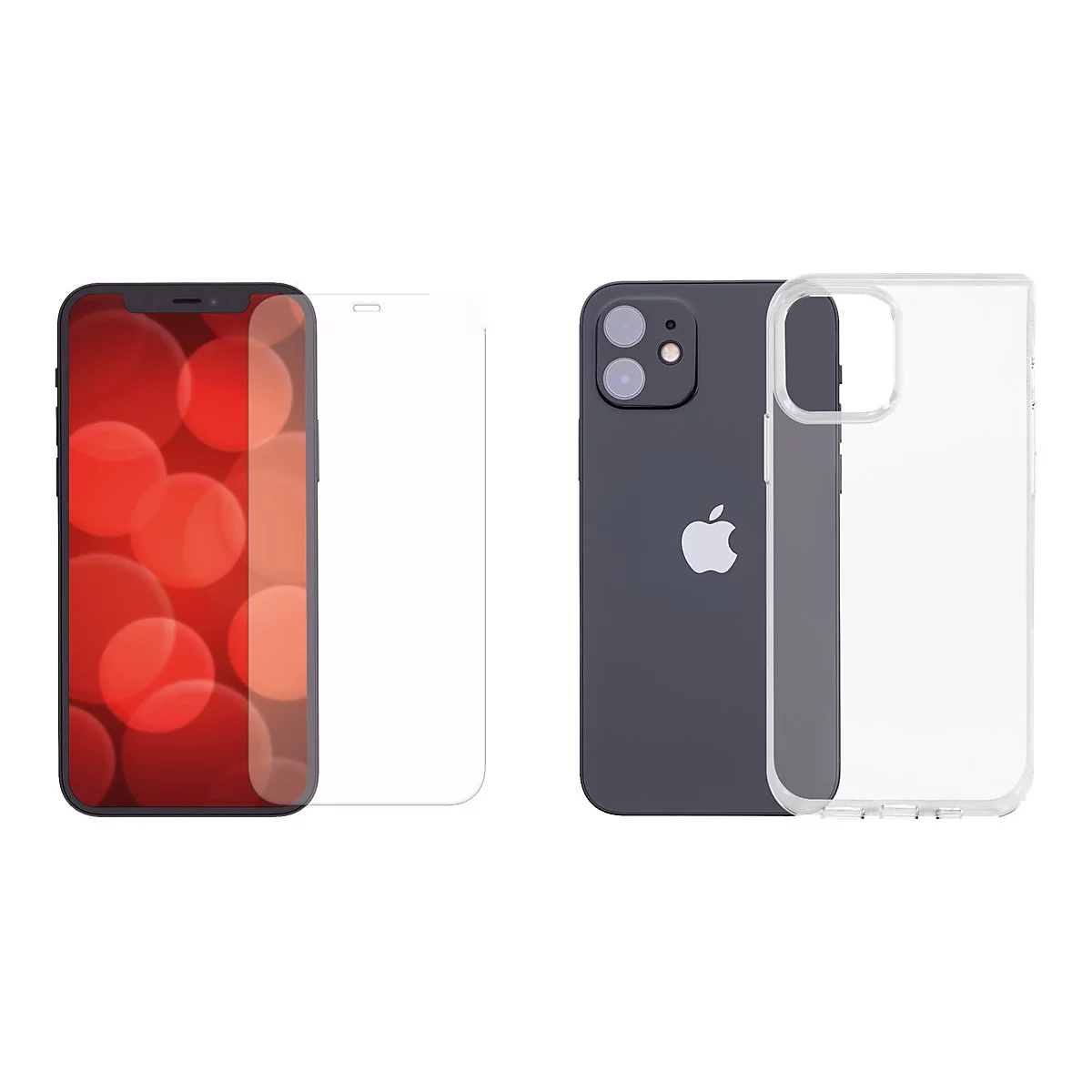 Ein iPhone 12 in Dunkelgrau mit transparentem Case und Schutzfolie daneben. Auf dem Bildschirm rote Bokeh-Effekte.