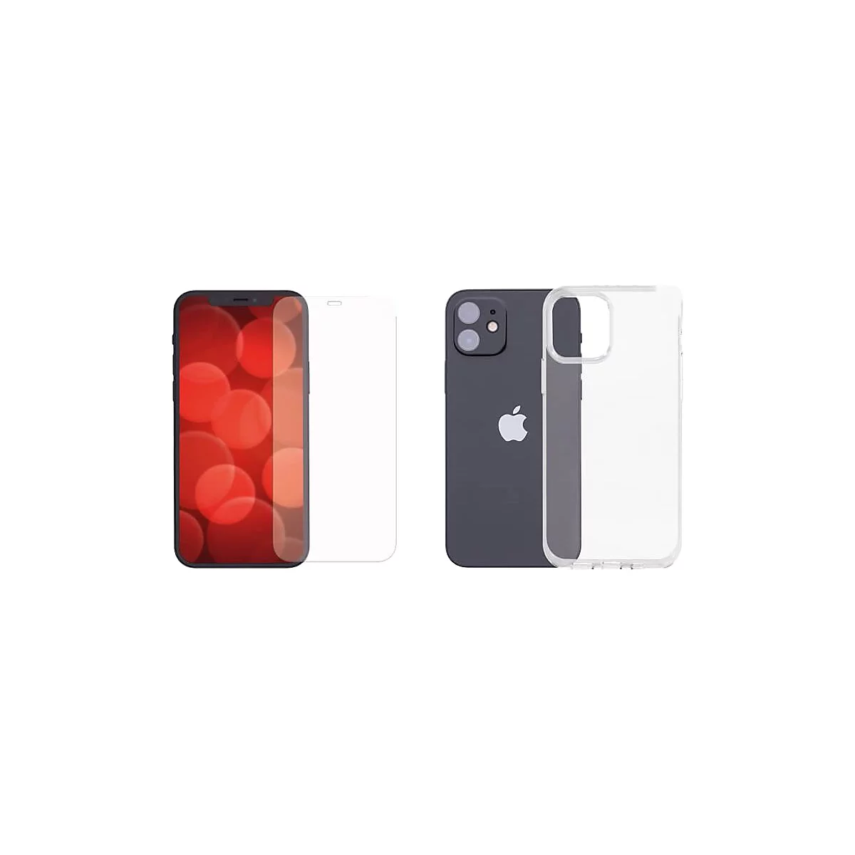 Zwei iPhones, eines mit rotem Hintergrund und Schutzfolie, das andere mit Hülle und Apple-Logo, vor weißem Hintergrund.