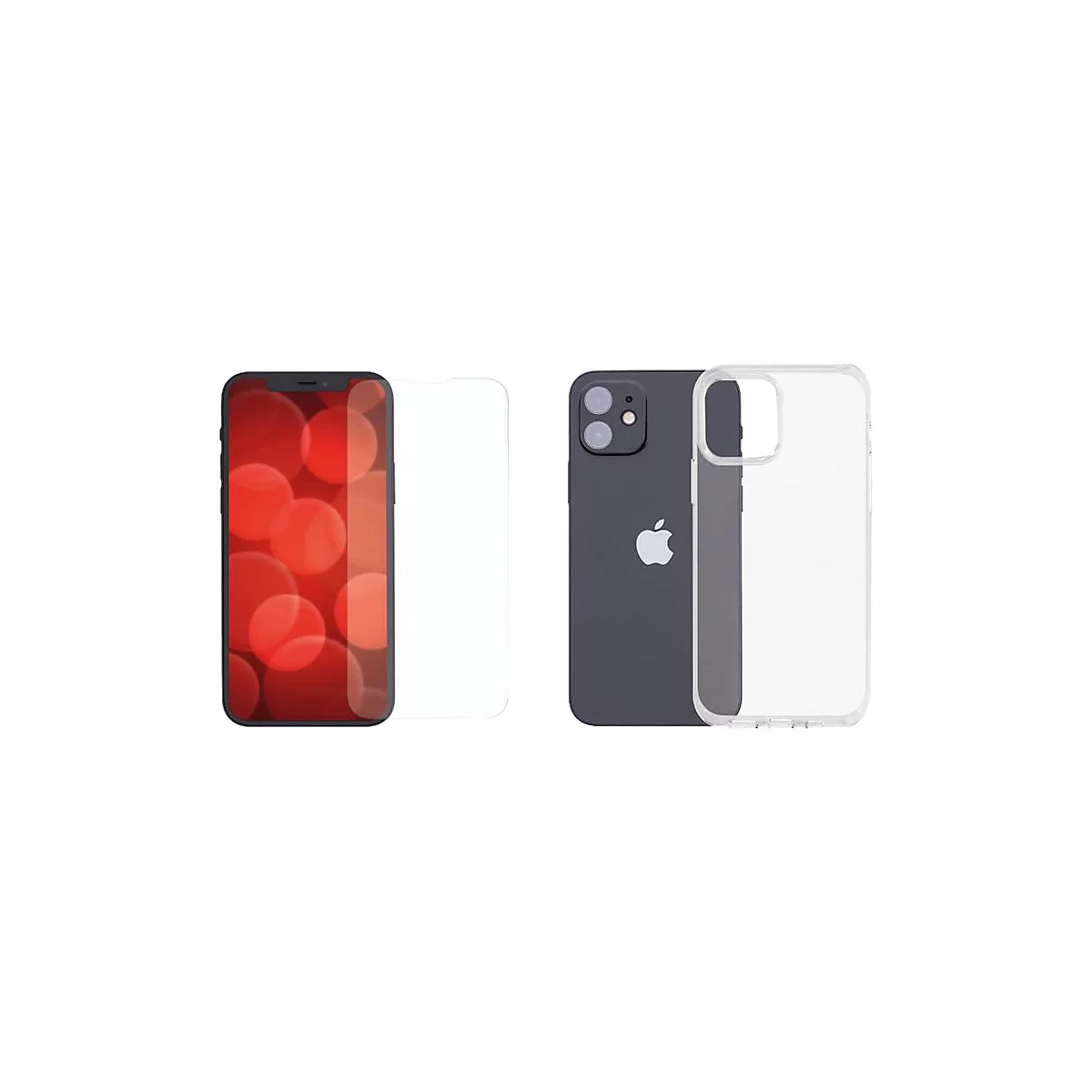 Ein schwarzes iPhone mit Schutzhülle und Displayschutzfolie. Das Display zeigt rote Bokeh-Lichter.